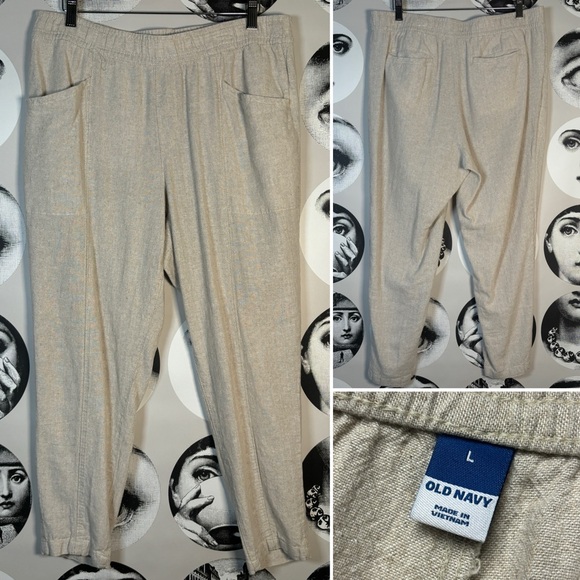 Old Navy Tan Flax Linen Taper Pull On Pants w/ Hidden Drawstring Belt, Sz L - Picture 1 of 11